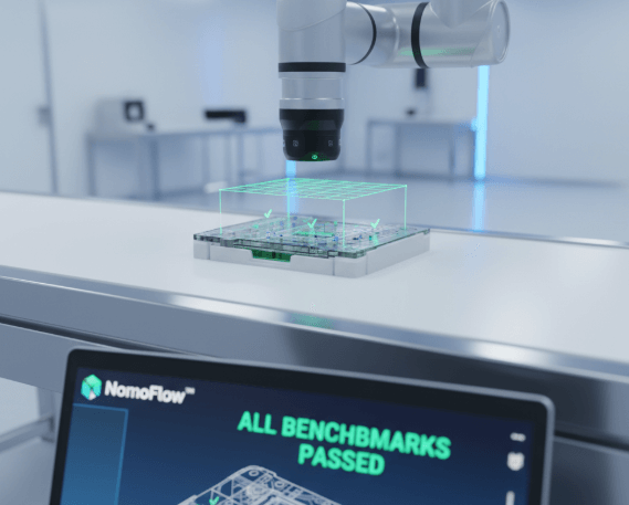 Visual representation of NomoFlow™ platform compliance with ISO, CE, and FDA standards