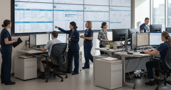 A modern and clean hospital command center with data visualizations on large screens.