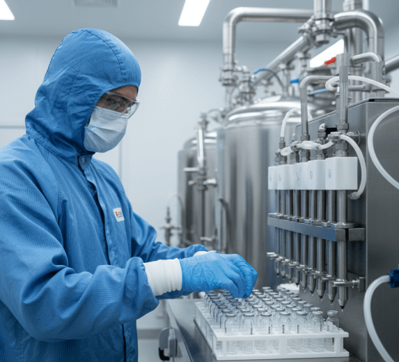 Close-up of a scientist pipetting into a microplate, signifying precision.